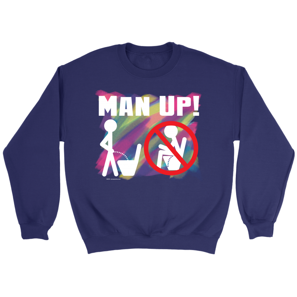 Man Up! Man Peeing Standing Not Sitting Over Brushstrokes Men's Purple Sweatshirt - ManUp!Series