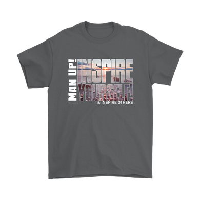 Man Up! Inspire Yourself And Others Sunrise Over Rocky Shore Men's Charcoal T-shirt - ManUp!Series