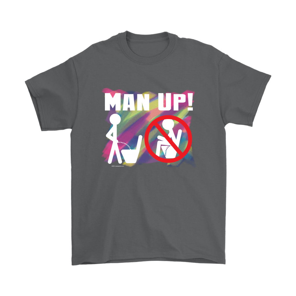 Man Up! Man Peeing Standing Not Sitting Over Brushstrokes Men's Charcoal T-shirt - ManUp!Series