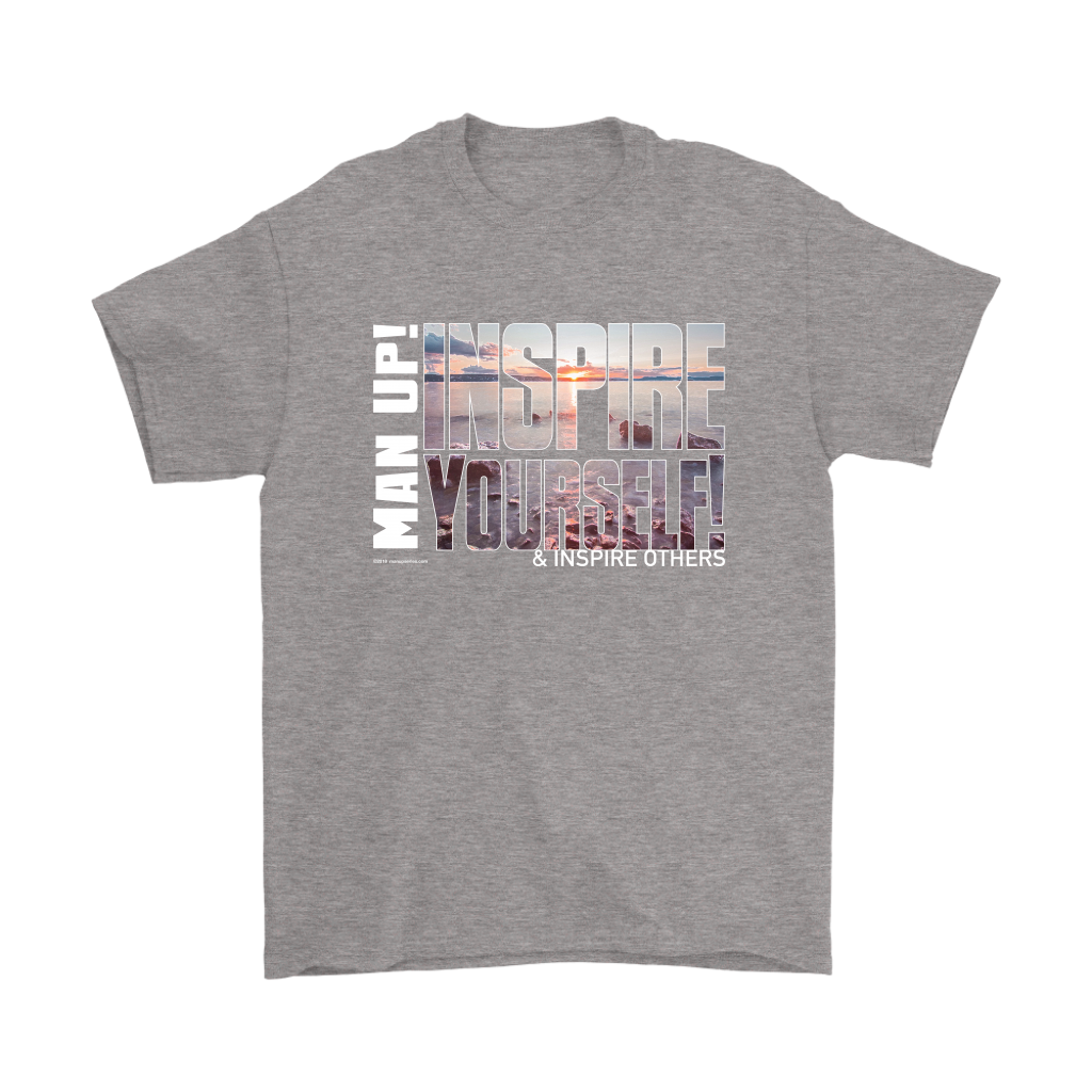 Man Up! Inspire Yourself And Others Sunrise Over Rocky Shore Men's Grey T-shirt - ManUp!Series