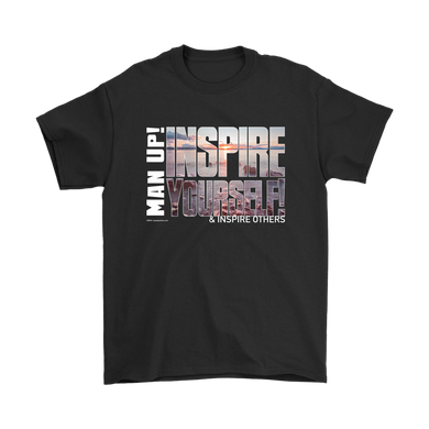 Man Up! Inspire Yourself And Others Sunrise Over Rocky Shore Men's Black T-shirt - ManUp!Series