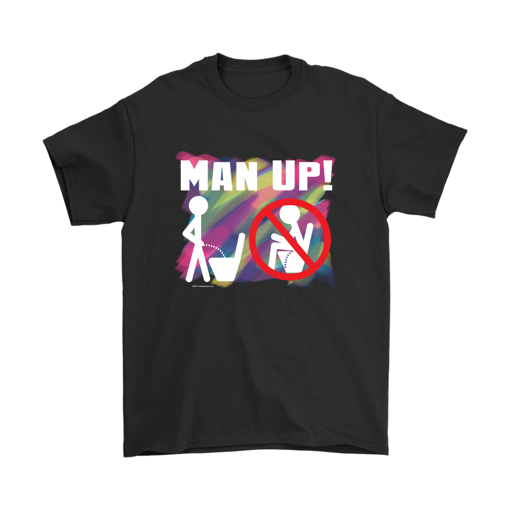 Man Up! Man Peeing Standing Not Sitting Over Brushstrokes Men's Black T-shirt - ManUp!Series
