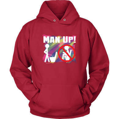 Man Up! Man Peeing Standing Not Sitting Over Brushstrokes Men's Red Hoodie - ManUp!Series