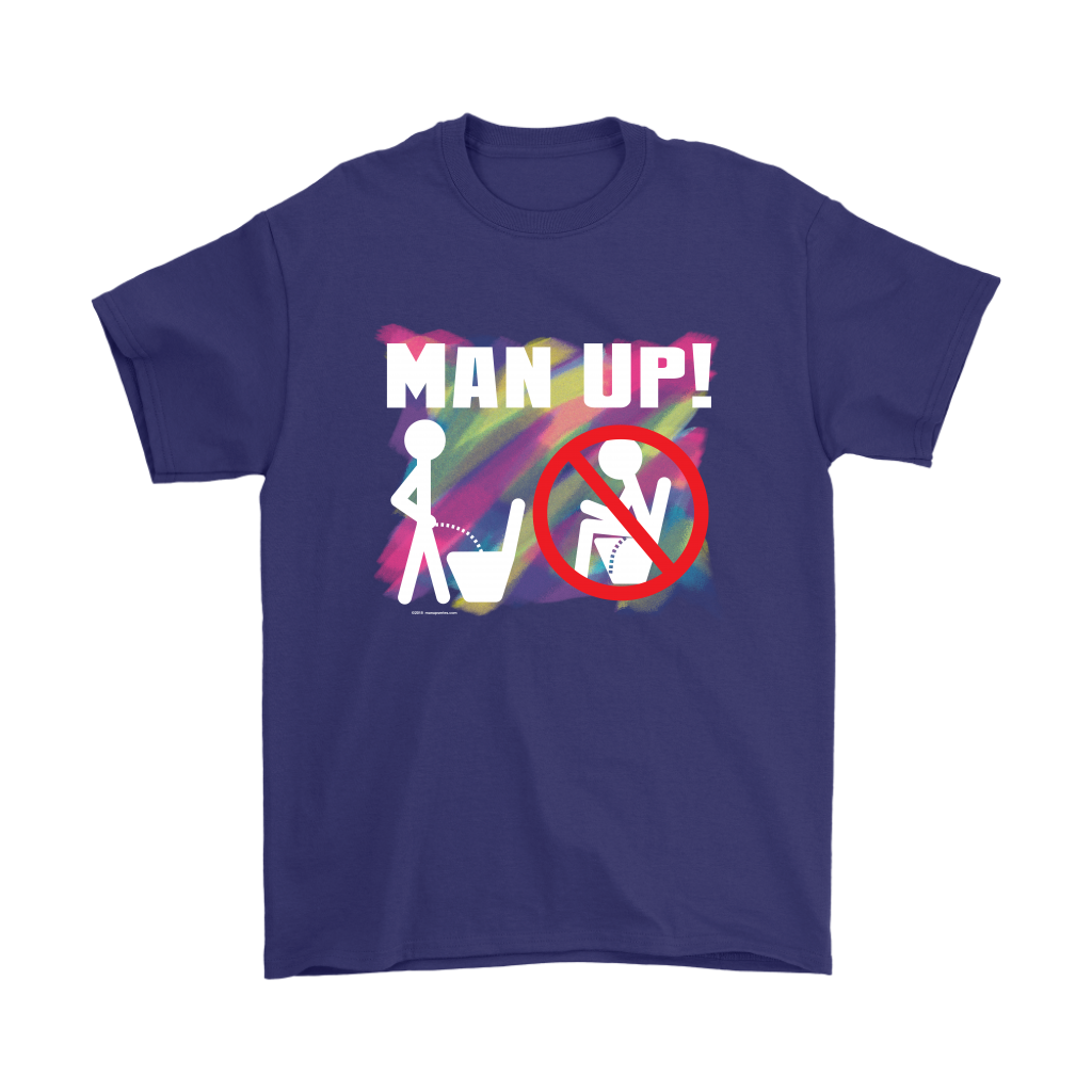 Man Up! Man Peeing Standing Not Sitting Over Brushstrokes Men's Purple T-shirt - ManUp!Series